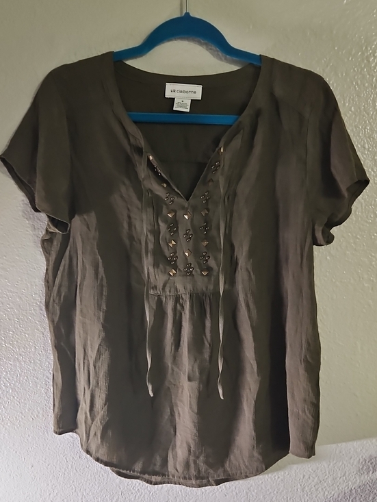 Liz Claiborne Tops - Liz Claiborne Olive Green Studded V-Neck Gauze Top, Size M